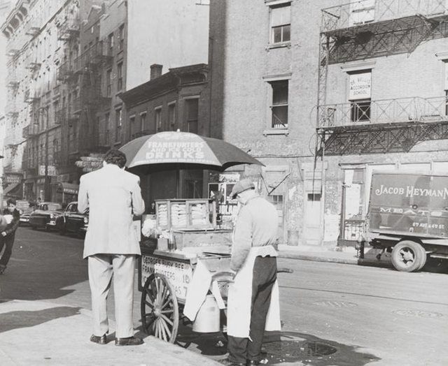 Push carts selling frankfurters and drinks. January, 1951.